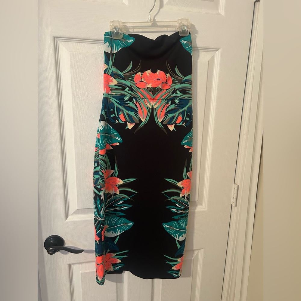 Express Strapless Black Dress with Floral Accents